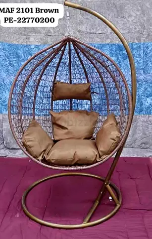 Hanging Egg Rattan Swing Chair with Stand - Brown Cushions