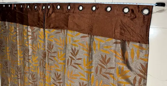 Pair of brown and gold leaf-pattern blackout curtains with eyelets - PRISTINE condition