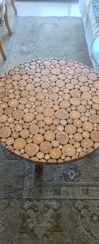 Round Coffee Table with Natural Wood Slice Top - Good Condition