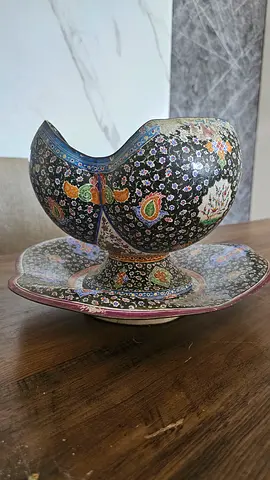 Persian Minakari Enamel Footed Bowl  Tray Set – Handpainted Isfahan Enamel Art