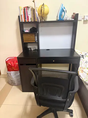 Dark wood study desk with hutch and office chair - good condition