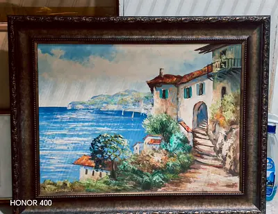Framed Seaside Landscape Oil Painting