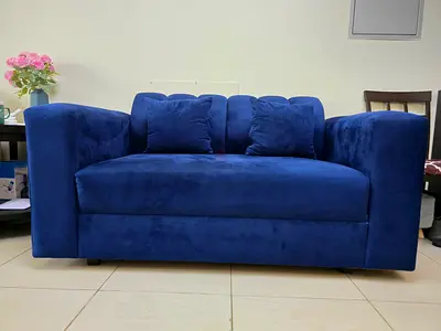Compact 2-seater Blue Velvet Sofa - Good Condition