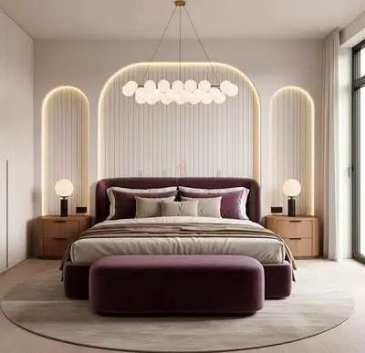 Modern Upholstered Purple Bed Set with Matching Ottoman