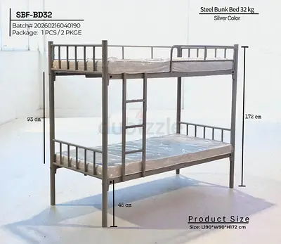 Metal Double Bunk Bed Frame - Silver, 190x90x172 cm mattress