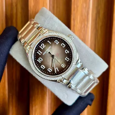 Patek Philippe-style Ladies Stainless Steel Watch with Diamond Bezel