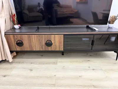 Low Modern TV Console Cabinet with Sliding Doors and Storage