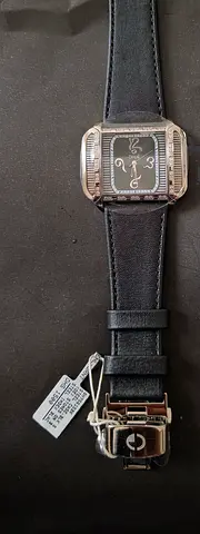 Womens black strap rectangular analog watch with stainless steel clasp