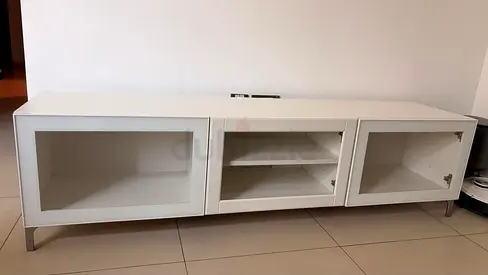 White low TV cabinet with glass doors - 3 compartments