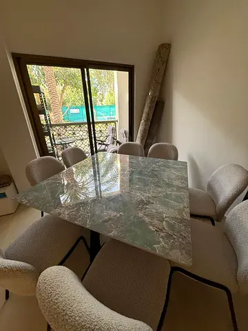 Marble-top Dining Table with 8 Upholstered Chairs - Good Condition