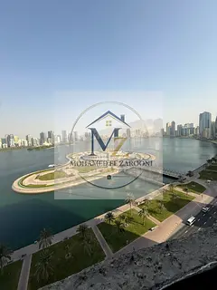 For rent: an apartment in Khaled Tower, Sharjah Corniche, 11th floor, front-facing with a direct vie