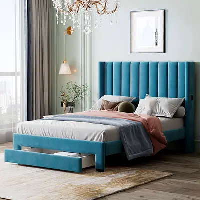 Modern Upholstered Bedframe with Storage Drawer - Queen