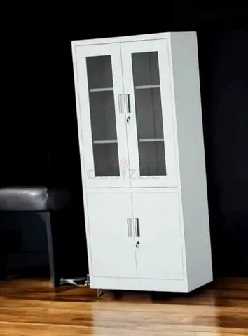 White Metal Storage Cabinet with Glass Doors — Tall Lockable Cupboard