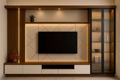 Modern Wooden Entertainment Center with Glass Display Cabinet