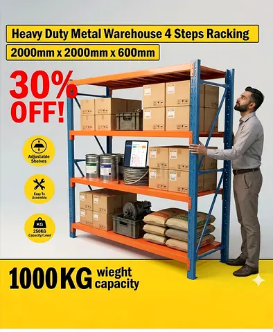 Heavy Duty Metal Warehouse 4-Step Racking 2000x2000x600mm - 1000KG