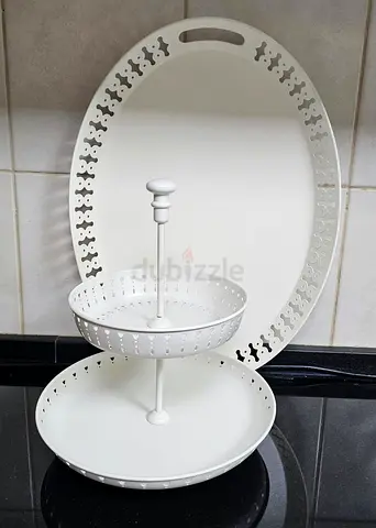 Two-tier White Metal Serving Stand with Decorative Tray - Good Condition
