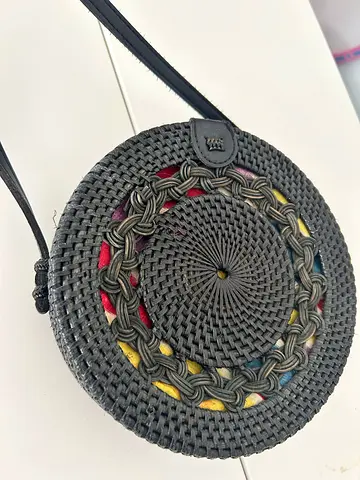 Round Woven Straw Crossbody Bag with Colorful Lining