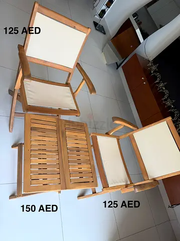 Wooden patio chairs and side table set — 2 chairs + small table, good condition