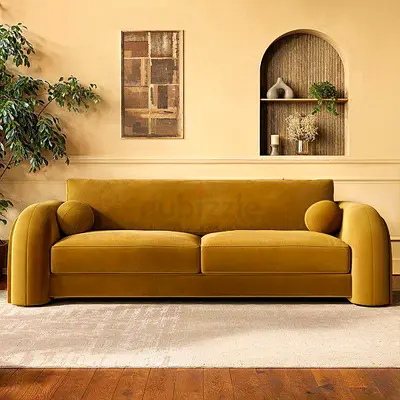 Mustard Velvet 3-Seater Sofa – Modern Curved Design