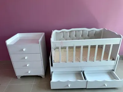 White Wooden Baby Crib with Changing Dresser and Storage Drawers