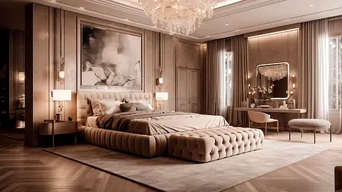 Luxury tufted king bed with upholstered headboard