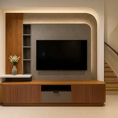 Modern Wooden Entertainment Center with Integrated Shelving