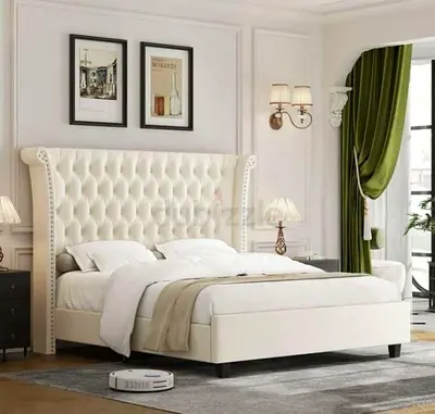 Elegant Cream Tufted Bed Frame with High Wingback Headboard