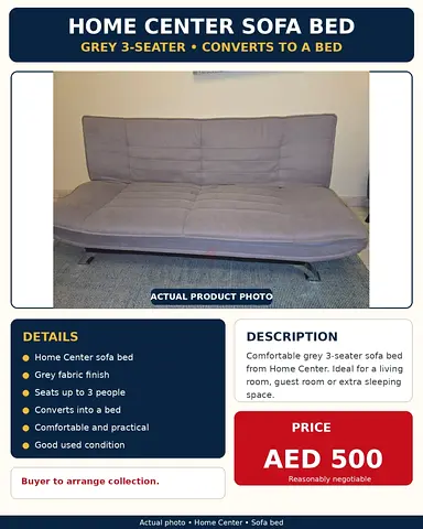 Home Center Sofa Bed – Grey 3 Seater | AED 500 (Negotiable)