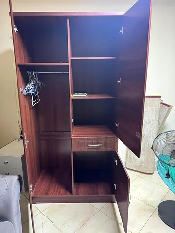 Dark Wood Wardrobe / Armoire with Multiple Shelves and Drawer