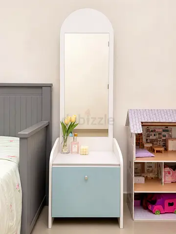 Bedside Vanity Cabinet with Mirror - White  Pastel Blue