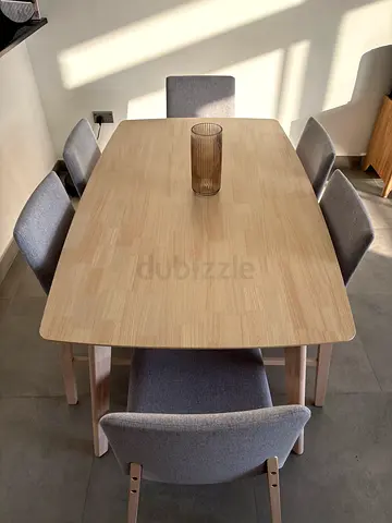 Solid Light Wood Dining Table with 6 Grey Upholstered Chairs