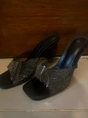 Black Rhinestone Mesh Mule Heels – Sparkly Open-Toe Slip-On Sandals heels