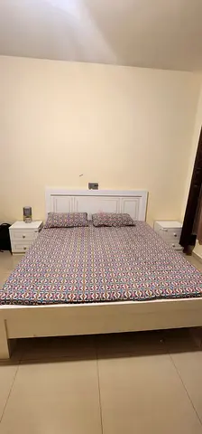 White Wooden Double Bed with Two Nightstands - Good Condition