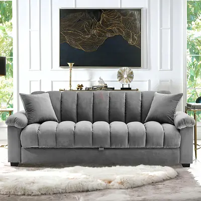 Three-seater Grey Velvet Sofa — Comfortable Modern Couch