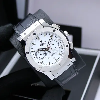 Hublot-style Chronograph Mens Watch with White Dial and Black Leather Strap