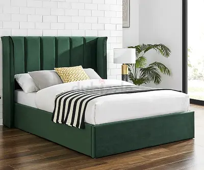 Dark Green Double Bed with Upholstered Headboard (Good Condition)