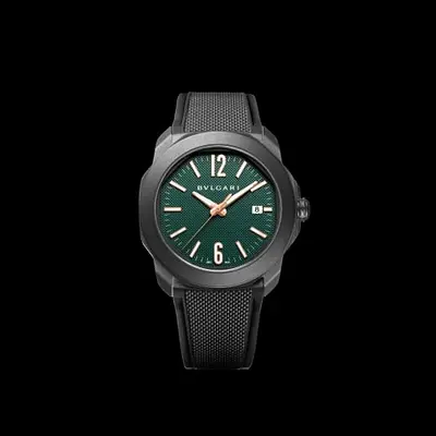 Bvlgari Mens Green Dial Sport Watch with Black Rubber Strap