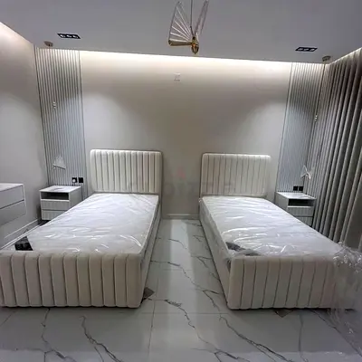 Pair of Modern White Single Beds with Headboards and Mattresses