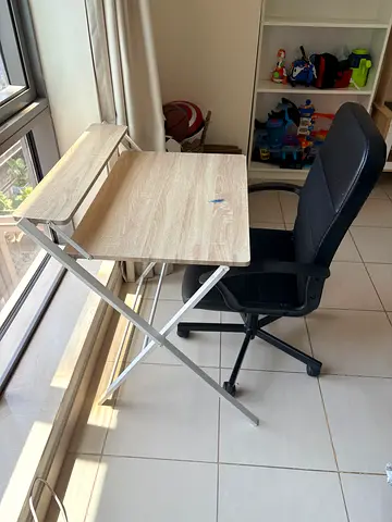Compact folding study table and chair - light oak