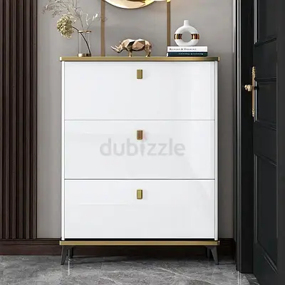 Modern White and Gold Cabinet with Three Drawers