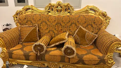 Ornate Gold Baroque 3-Seater Sofa with Cushions