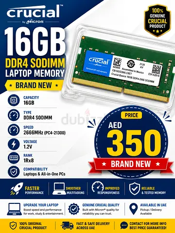 Crucial 16GB DDR4 SODIMM 2666MHz Laptop RAM - Brand New