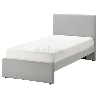 Single Upholstered Bed Frame with Headboard — Light Grey