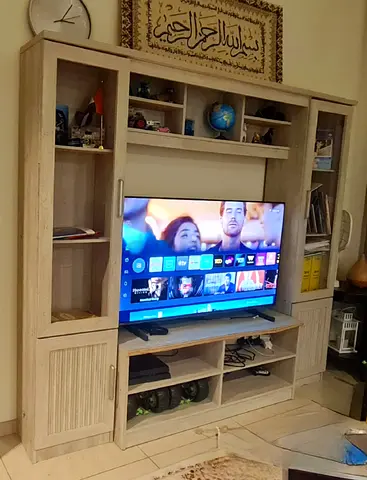Light Wood Entertainment Center / with Shelves and Cabinets