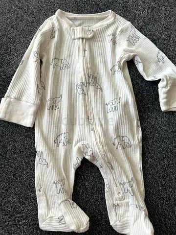 White Cotton Baby Sleepsuit / Footed Onesie with Animal Print - Size newborn