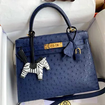 Hermes Kelly Sellier 28 In Blue Iris Ostrich Leather