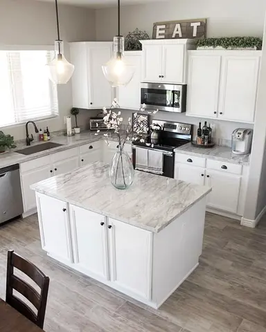 White Kitchen Island with Marble Top and Storage Cabinets