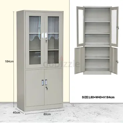 Metal Storage Cabinet with Glass Upper Doors and Lockable Lower Cupboards (80x40x184 cm)