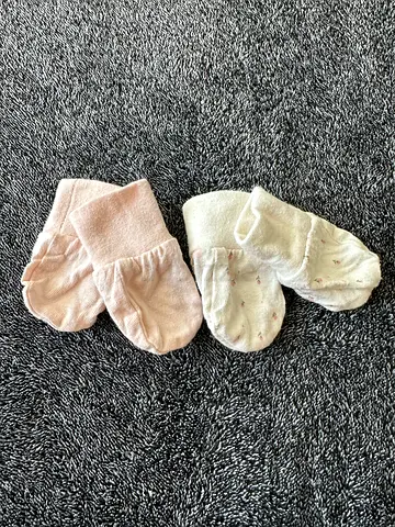 Pair of newborn baby mittens - soft cotton, light pink  white