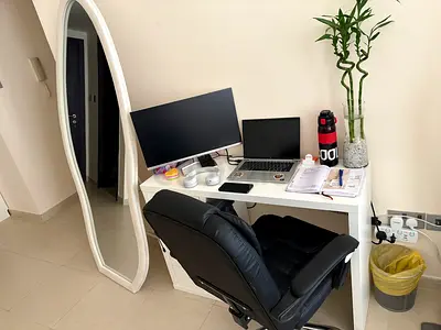 Premium Home Office Set: Minimalist White Desk  Ergonomic High-Back Leather Chair